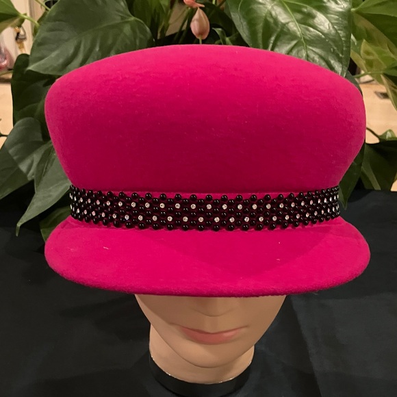 Vibrant Pink Wool Hat with Black Beaded Rhinestone Band - Picture 1 of 4
